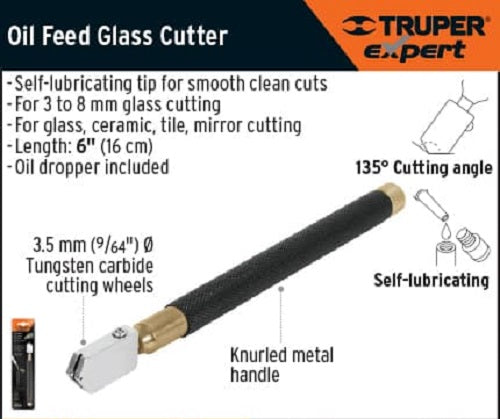 Truper Glass Cutter with tungsten carbide blade, non-slip handle, and self-lubricating system for precision cuts.