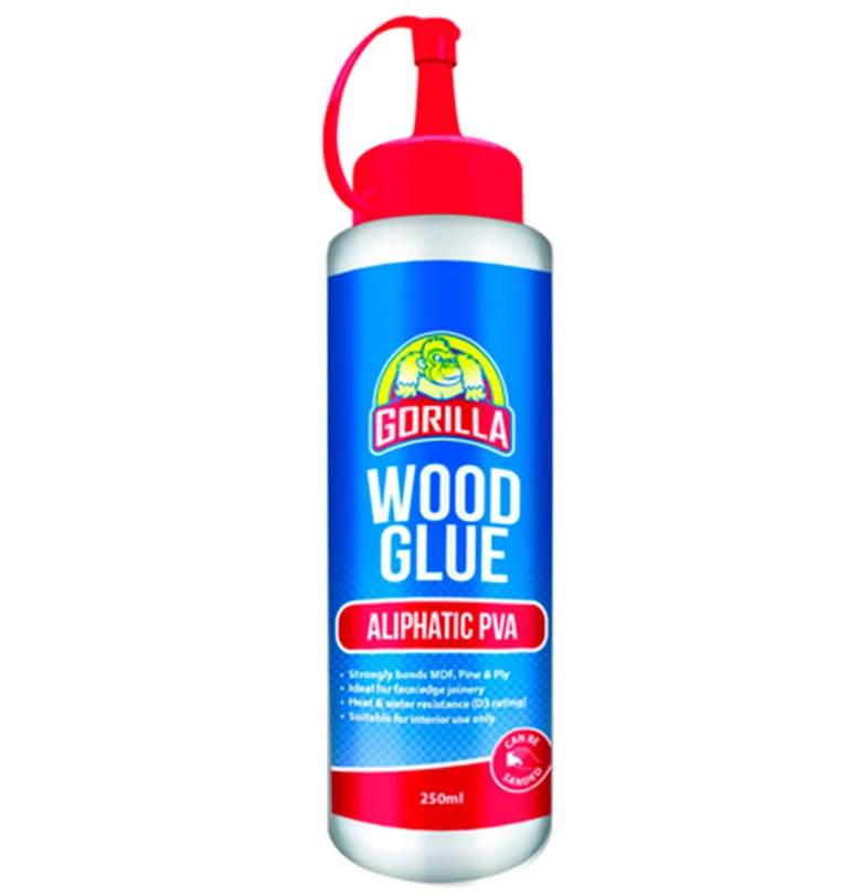 Liquid Glue - Gorilla PVA Aliphatic 500gm, a fast-setting, non-toxic adhesive ideal for woodworking, dries clear and paintable.