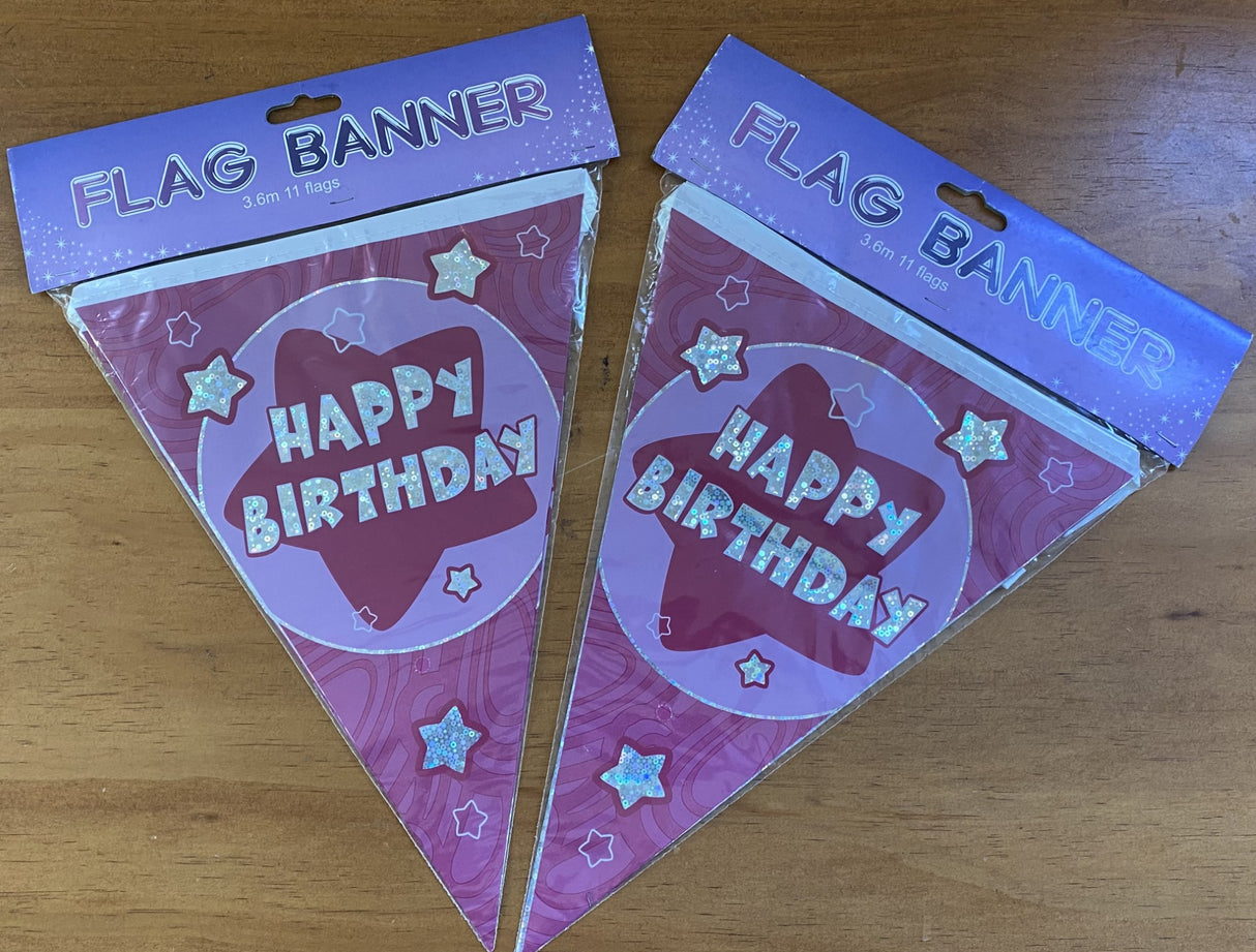 Pink "Happy Birthday" banners set of 2, vibrant lettering for festive indoor and outdoor birthday celebrations.