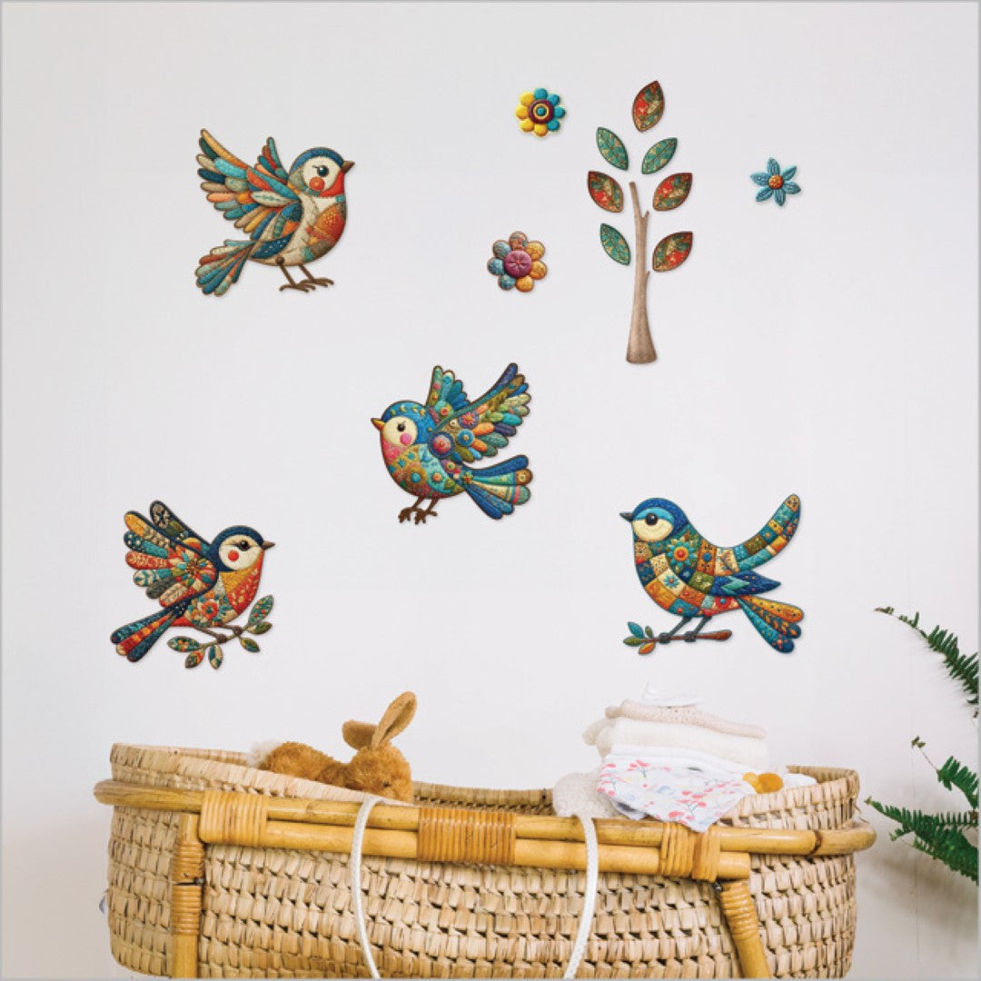 Colorful patchwork bird wall decals made from eco-friendly fabric, perfect for adding charm to any room.