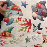 Colorful Patchwork Sharks wall decals for kids' rooms, made of eco-friendly, reusable fabric; easy to apply and reposition.