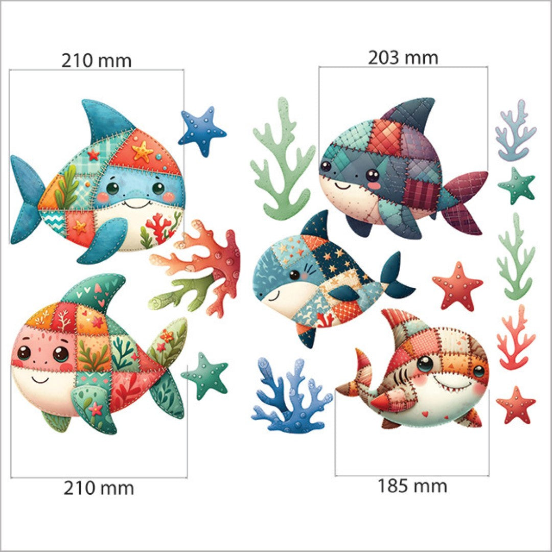 Vibrant Patchwork Sharks wall decals, eco-friendly, repositionable, perfect for children's rooms and play areas.