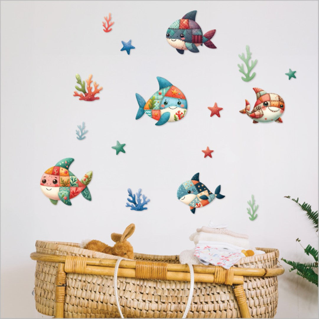 Vibrant Patchwork Sharks wall decals made of eco-friendly fabric, perfect for children's rooms and ocean-themed decor.