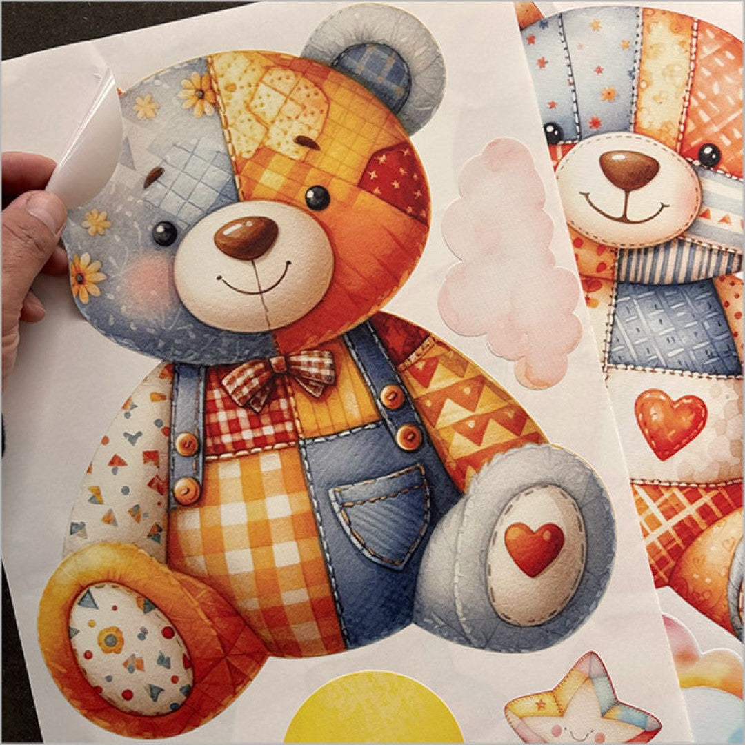 Patchwork Teddy Bear wall decal in brown, eco-friendly, repositionable, perfect for adding charm to nursery or playroom.