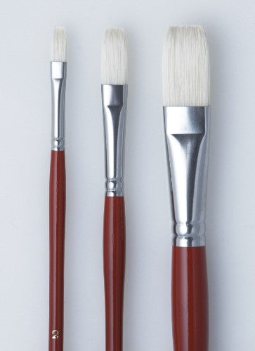 Hog bristle flat artist brush with polished red handle, ideal for detail in oils and acrylics, featuring durable nickel ferrule.