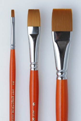 Golden Nylon Flat 12 artist brush with polished tan handle and nickel ferrule, ideal for watercolour and acrylic techniques.