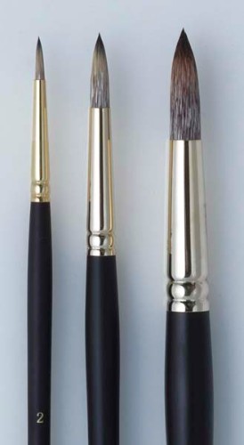 Fine detail artist brush with synthetic hair, maroon handle, and gold ferrule for smooth color application.