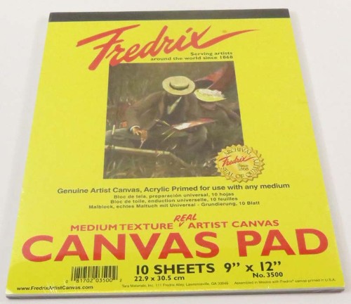 Fredrix 9x12 Canvas Pads featuring 10 primed sheets for oils, acrylics, and mixed media, ideal for artists on the go.