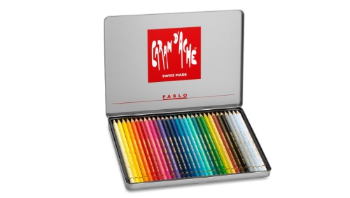 "Caran d'Ache Pablo Set of 30 artist pencils in vibrant colors, ideal for drawings with high lightfastness and creamy application."