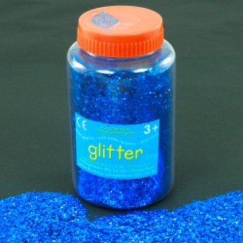 Giant blue glitter shaker (250gm) perfect for arts and crafts, featuring a flip-top lid for easy pouring and no clumping.