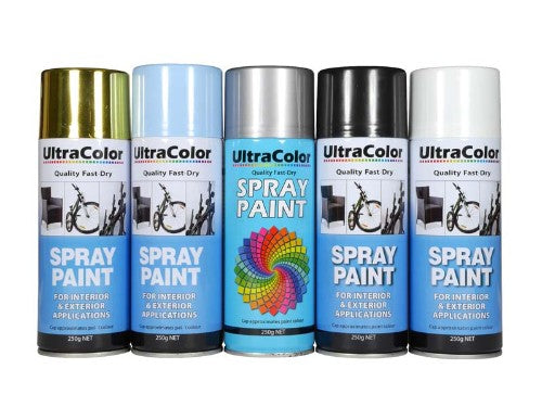 Gloss white spray paint in a 250g can, designed for a sleek finish with adjustable nozzle for versatile application.