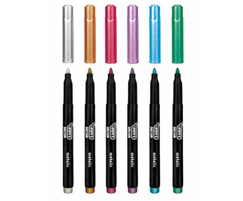 Jovi Decor Metallic Pen 6's featuring vibrant metallic ink for crafting on various surfaces, ideal for decorations and easy removal.