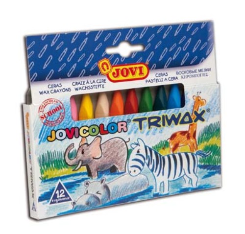 Triangular Jovi Triwax Crayons in 12 bright colors, ideal for kids, easy to hold, non-staining, and long-lasting.