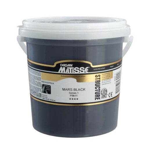 Matisse Structure 1L Mars Black S1 acrylic paint, featuring rich impasto texture and high pigmentation for versatile artistic effects.