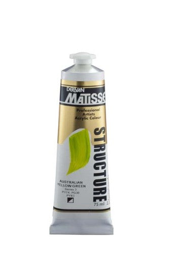 A vibrant 75ml tube of Matisse Str Acrylic Paint in Aust Yellow Green S3, perfect for textured and detailed artwork.