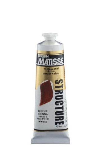 A 75ml tube of Matisse Structure Acrylic Paint in Burnt Sienna S1, known for rich pigmentation and versatile application techniques.