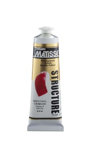 Acrylic paint tube depicting Matisse Str 75ml Napthol Crimson S3, vibrant deep red for rich textured artwork and archival quality.