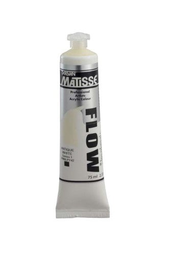 Matisse Flow 75ml Acrylic Paint in Antique White, ideal for fine brushwork, airbrush techniques, and vibrant canvas art.