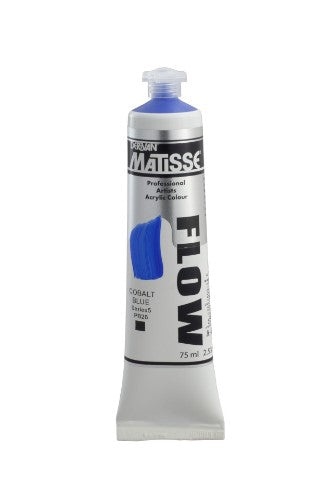 Matisse Flow 75ml Cobalt Blue S5 acrylic paint, featuring a thin viscosity for smooth, free-flowing brushwork and low-sheen finishes.