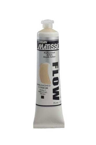 A 75ml tube of Matisse Flow Acrylic Paint in Unbleached Titanium S1, ideal for smooth application and vibrant color in fine art.