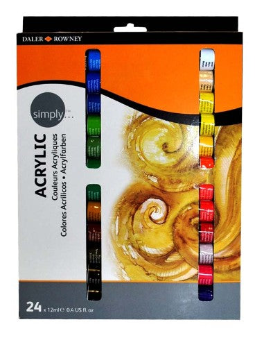 Acrylic paint set featuring 24 vibrant 12ml tubes for versatile creative projects on various surfaces.