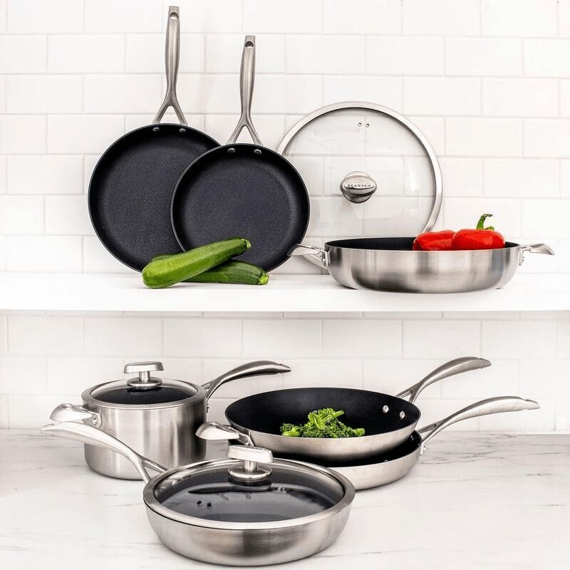 28cm Scanpan CS Fry Pan featuring Stratanium+ non-stick surface, brushed stainless steel exterior, and ergonomic handle design.