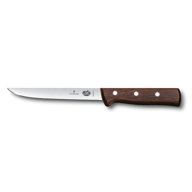 Victorinox 15cm boning knife with straight narrow high carbon steel blade and elegant rosewood handle for precision cooking.