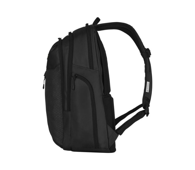 Sleek black Victorinox Laptop Backpack with padded compartment, ergonomic straps, and ample organized storage for professionals and students.