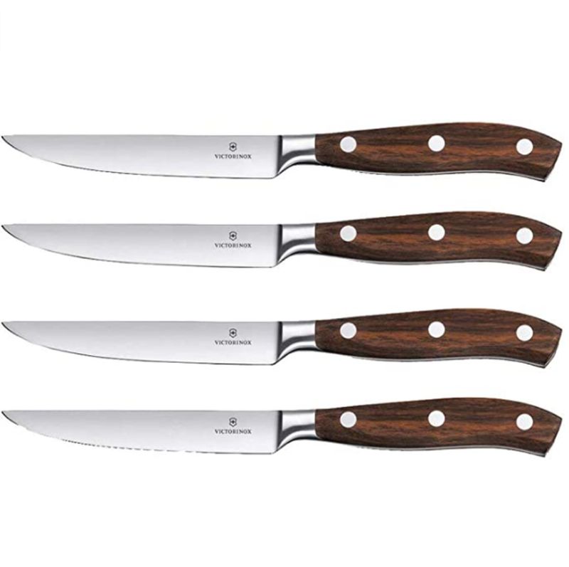 Elegant 4-piece steak knife set with ergonomic rosewood handles and sharp stainless steel blades for effortless slicing.