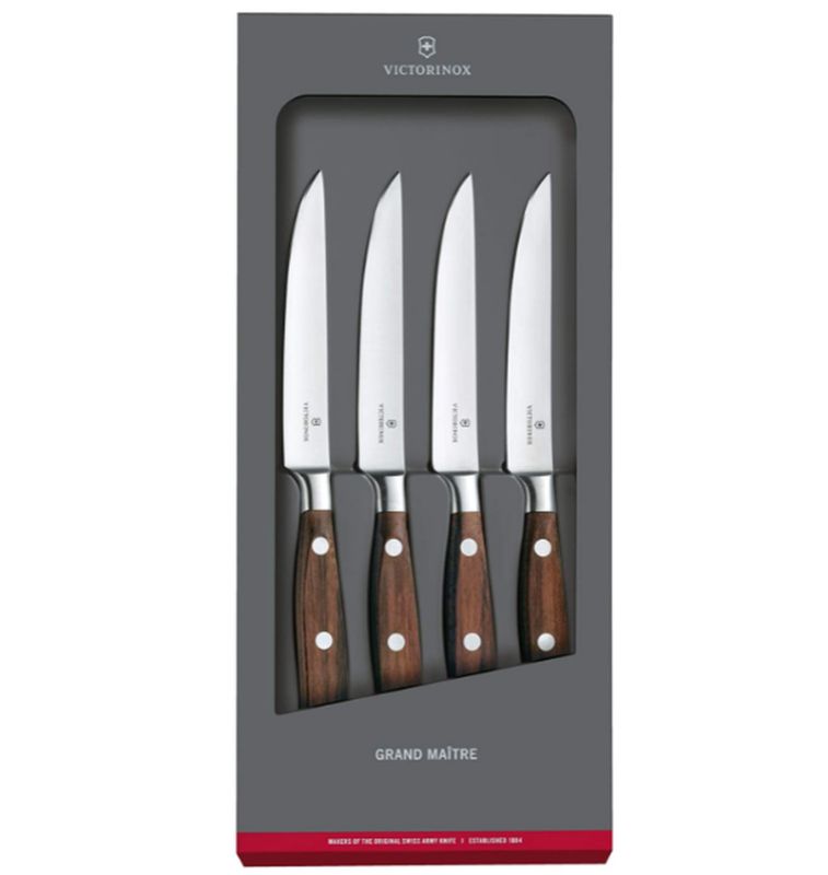 Victorinox Grand Maître Steak Knife Set features four elegant 12cm knives with ergonomic rosewood handles and sharp, full tang blades.