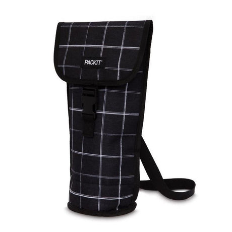 PackIt Freezable Napa Wine Bag in Black Grid, ideal for chilling wine bottles during outdoor events with a functional design.