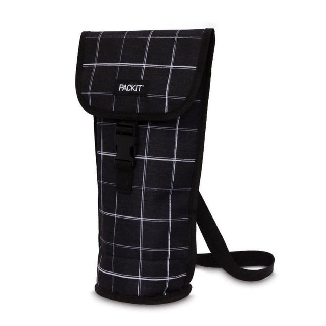 PackIt Freezable Napa Wine Bag in Black Grid, ideal for chilling wine bottles during outdoor events with a functional design.