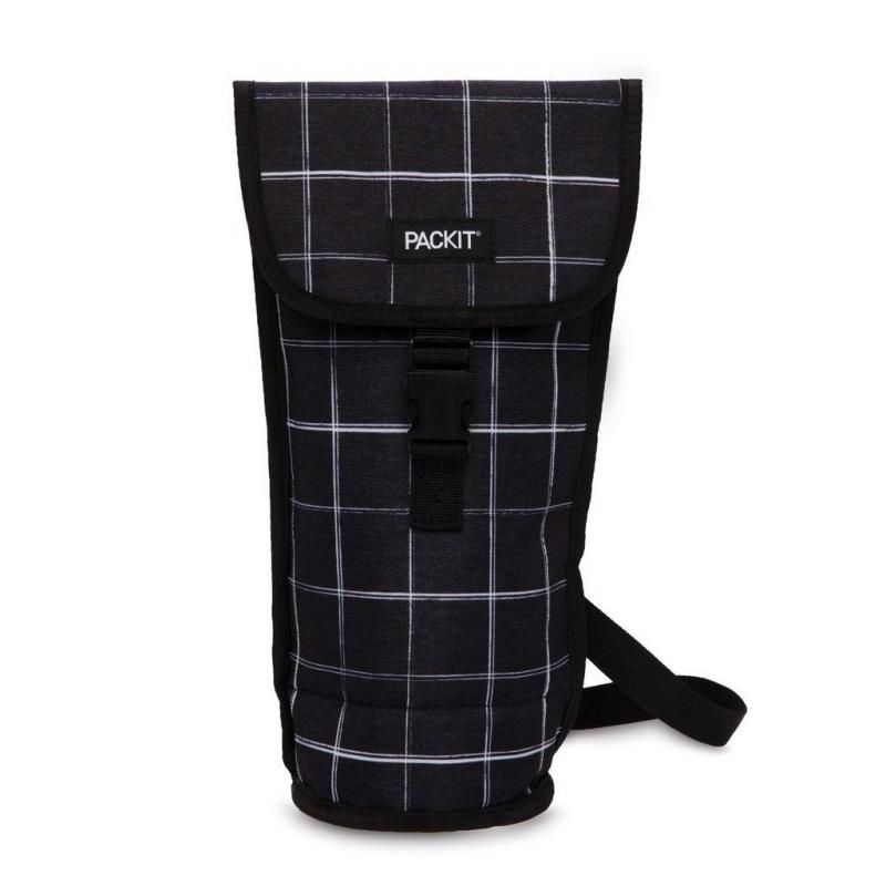 Alt text: Stylish PackIt Freezable Napa Wine Bag in Black Grid for chilling wine bottles outdoors, featuring gel-lined walls and buckle handle.