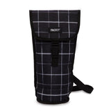 Alt text: Stylish PackIt Freezable Napa Wine Bag in Black Grid for chilling wine bottles outdoors, featuring gel-lined walls and buckle handle.