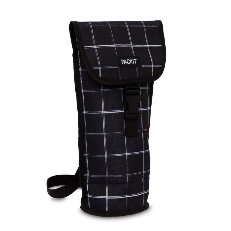 PackIt Freezable Napa Wine Bag in Black Grid, designed to chill wine and beverages, perfect for outdoor picnics and gatherings.