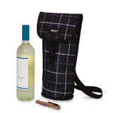 PackIt Freezable Napa Wine Bag in Black Grid, designed to chill wine bottles for outdoor trips, featuring a buckle handle for easy transport.