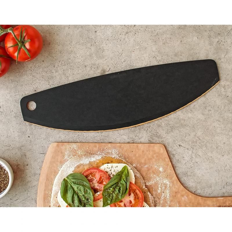 Epicurean pizza cutter in slate, 40x0.5cm, features a beveled edge for quick, precise slicing of any pizza.