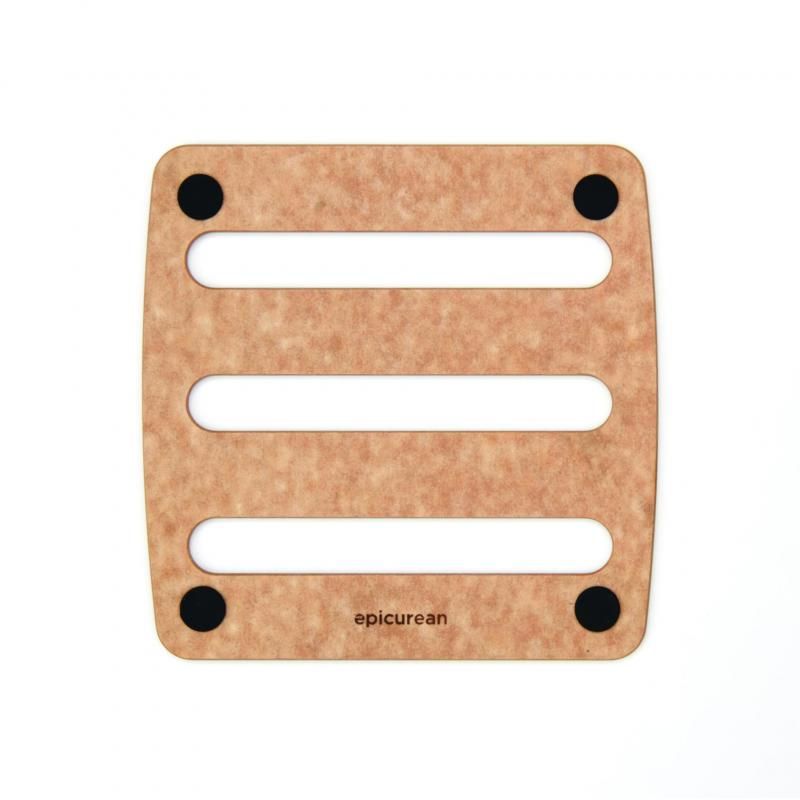 Natural wood composite trivet, 18x18cm, durable, heat-resistant, features non-slip feet, NSF approved, dishwasher safe.