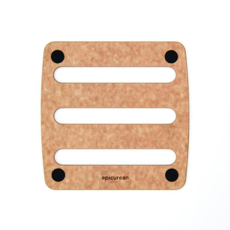 Natural wood composite trivet, 18x18cm, durable, heat-resistant, features non-slip feet, NSF approved, dishwasher safe.
