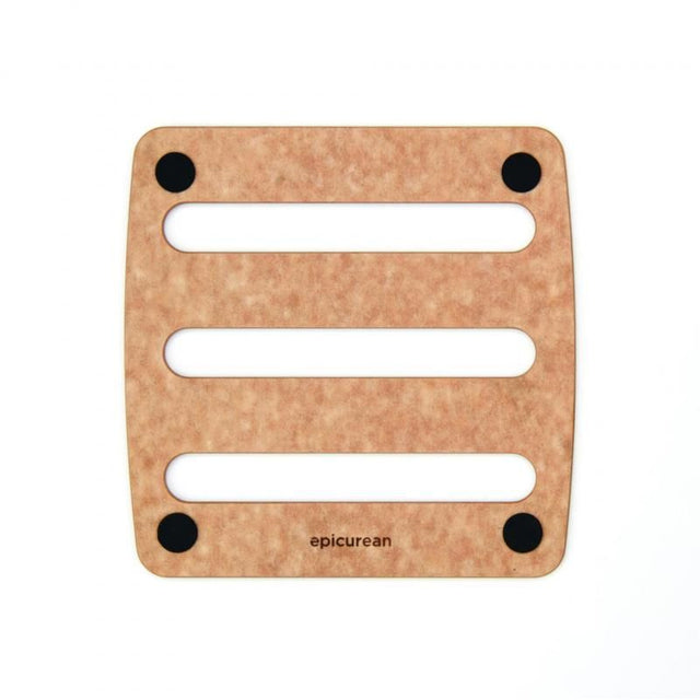 Natural wood composite trivet, 18x18cm, durable, heat-resistant, features non-slip feet, NSF approved, dishwasher safe.