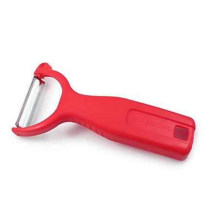 Swissmar Classic Peeler in red with ergonomic handle and serrated stainless steel blade for easy peeling of delicate fruits and veggies.