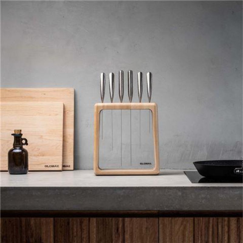 Global Hashira 7-piece knife block set with maple design and acrylic window, showcasing high-quality stainless steel knives.