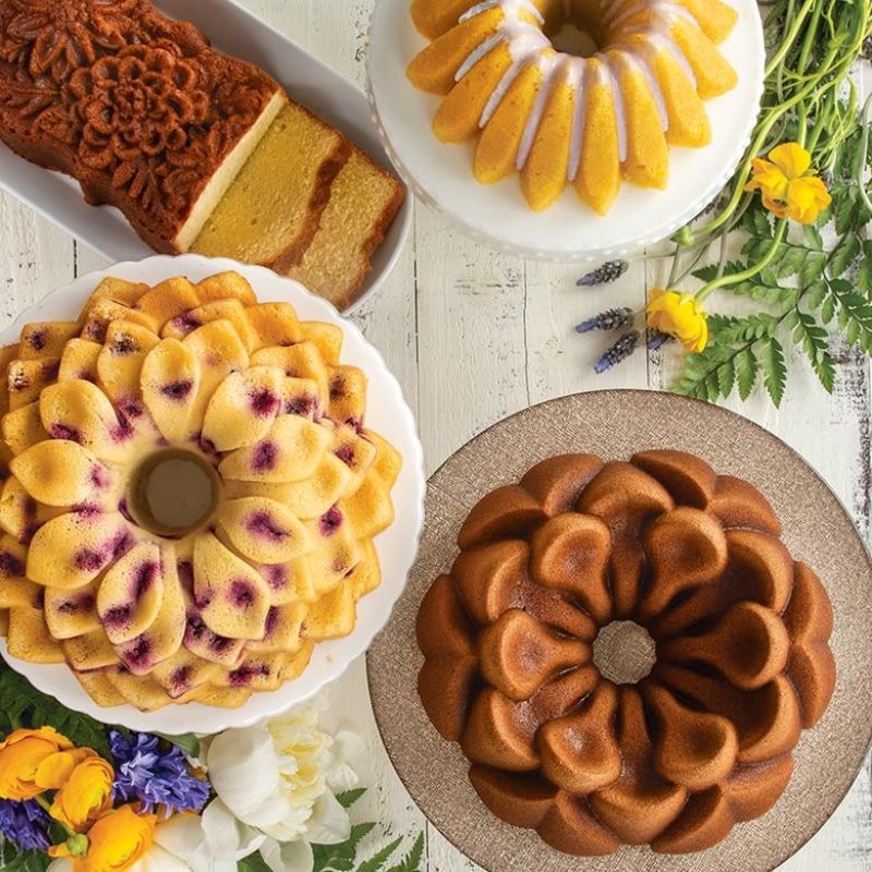 Nordic Ware Toffee Wildflower Loaf Pan with intricate floral designs, perfect for baking artisanal bread and cakes.