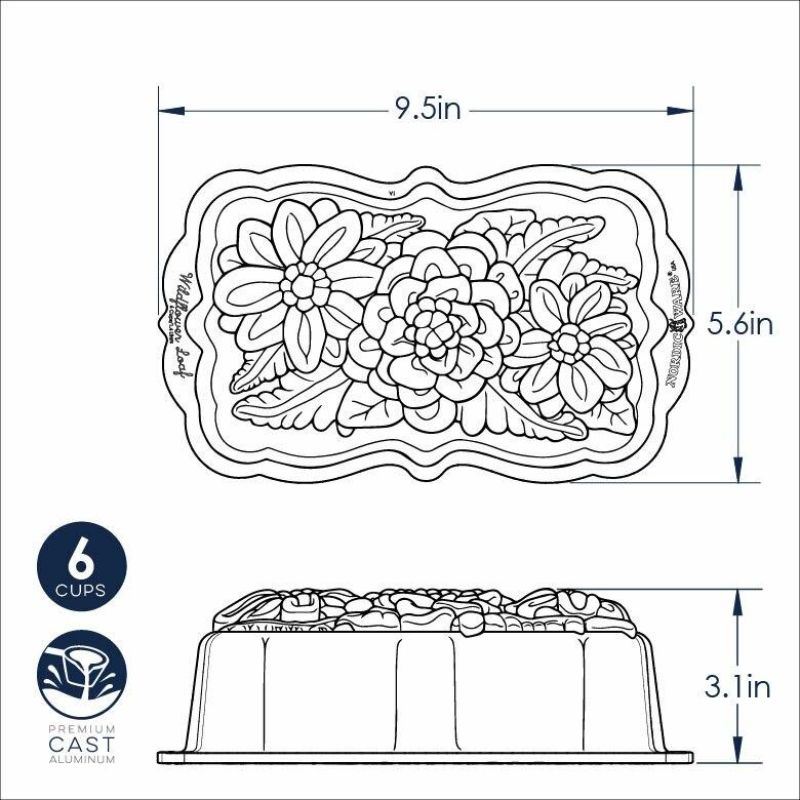 Nordic Ware Wildflower Loaf Pan in Toffee features intricate floral designs, 6-cup capacity, and durable cast aluminum for even baking.