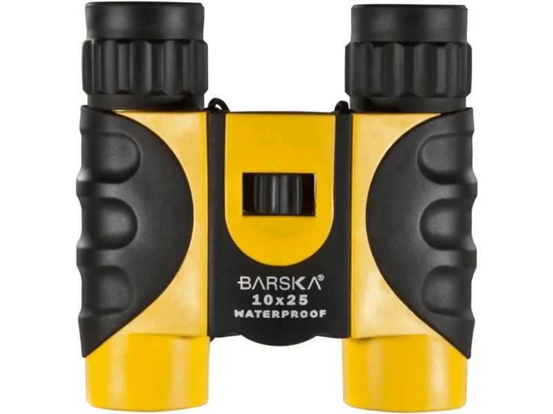 Compact yellow binoculars with 10x magnification, waterproof design, and fully coated optics for outdoor activities.