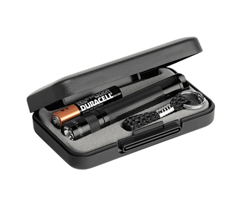 Black Maglite Solitaire LED flashlight in a presentation box, featuring 47 lumens and adjustable flood-to-spot beam.