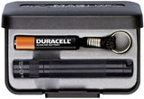 Maglite Solitaire LED flashlight in black, featuring a focusable beam, waterproof design, and presented in a stylish box.