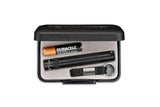 Maglite Solitaire LED flashlight in black presentation box, featuring 47 lumens, waterproof, and focusable beam.