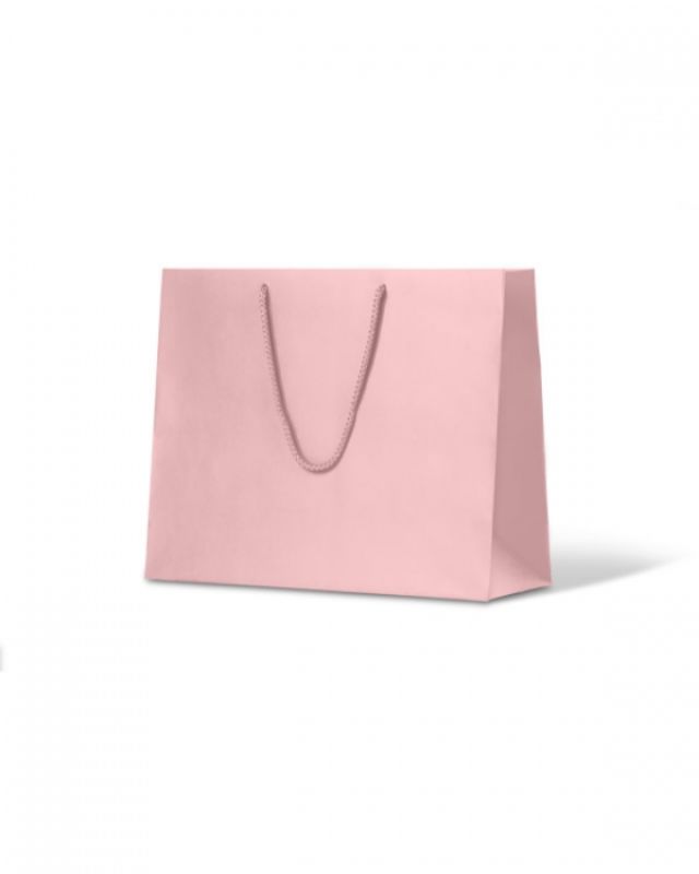 Pastel pink laminated bags with matte finish, ideal for clothing and homeware, pack of 50 with rope handles.