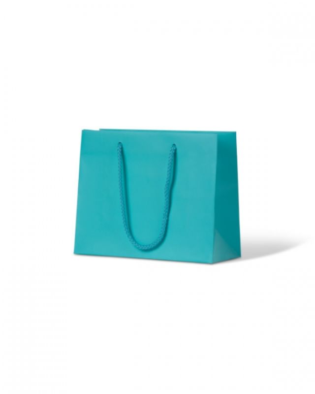 Aqua laminated matte bags, pack of 200, ideal for small items like fragrances and trinkets, with stylish block bottom design.